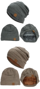 Detail view of winter knitted beanie with soft fleece lining and FS leather patch