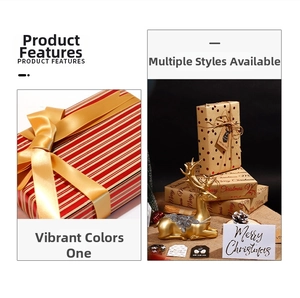 Close-up of gold-stamped Christmas kraft wrapping paper with festive ribbons and decor