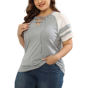 Women's plus size grey V-neck T-shirt with lace-up detail and striped raglan sleeves