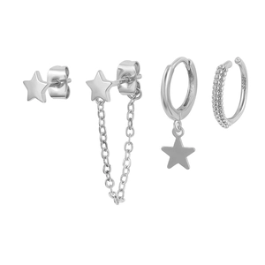 Minimalist silver star earring set with S925 studs, ear cuffs and chain link earrings