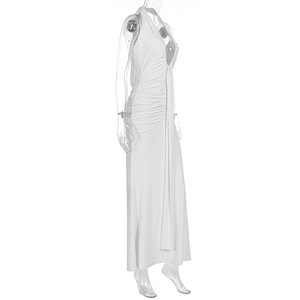 Detail of elegant white halter neck dress with ruched side seams and backless design