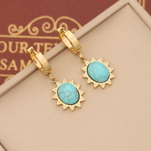 Bohemian gold stainless steel earrings with sunflower pendant and turquoise stone inlay