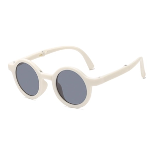 Foldable round kids sunglasses in ivory white with UV protection and retro style frames