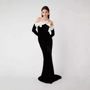 Women Velvet Evening Gown Off-Shoulder Long Sleeve Mermaid Dress With White Rose Flower And Gloves Elegant Hepburn Style