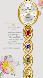 Detail view of gold women's watch featuring oval rainbow gemstones and silver sunray dial