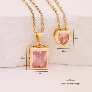 Détails des pendentifs cœur en zircon rose sur colliers en acier inoxydable doré