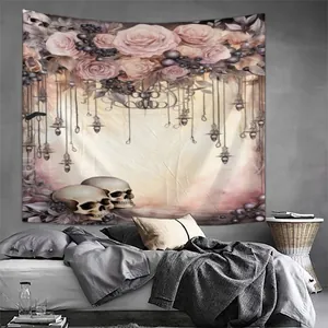 Detailed view of Gothic floral tapestry with skulls and pink roses on grey bedroom wall