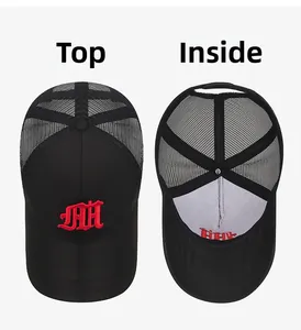 Detailed top and inside views of a black mesh trucker cap with red AM embroidery