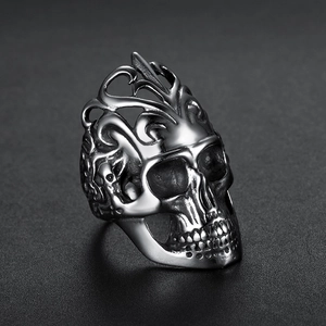 Vintage stainless steel skull ring with hollow vine details in Gothic punk style