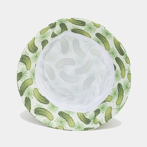 Close-up of bucket hat showing pickle print pattern and breathable white mesh lining detail