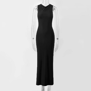 Detail of a sleek black sleeveless maxi dress on a clear mannequin with a smooth texture