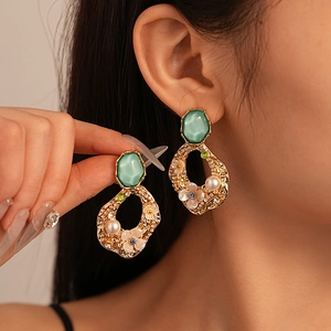 Vintage Flower Drop Earrings For Women Geometric Alloy With Acrylic Rhinestone Artificial Pearl And 925 Sterling Silver Earring Post