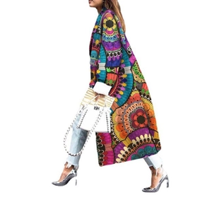 Detailed view of colorful mandala print on a long loose ankle-length wool coat
