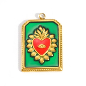18K gold plated rectangular pendant with green enamel and red heart with eye symbol