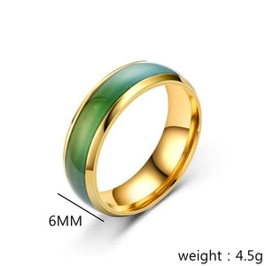 Detailed view of 6mm gold stainless steel ring with color-changing inlay weighing 4.5g