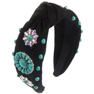 Modisches schwarzes Stoff Stirnband mit türkisfarbenen Perlen und Kristallblumen Details