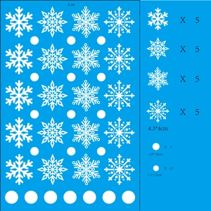 Technical dimensions of snowflake window stickers with various patterns and size details