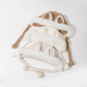 Plush animal ear flap hat with fox ears and fluffy pom-poms in three winter colors