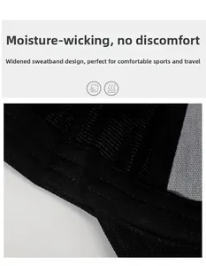 Detail of widened sweatband with breathable mesh fabric for moisture wicking on a black cap