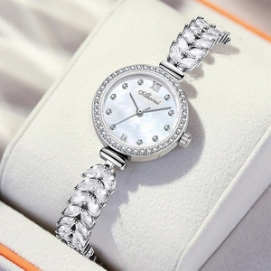 Silver quartz watch with mermaid leaf-shaped zircon bracelet displayed in luxury white box