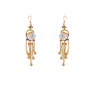 Vintage gold-plated flower earrings with pink petals, blue accents, and elegant tassels