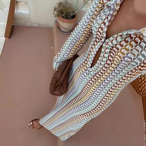 Long sleeve crochet maxi dress with colorful wave patterns and a deep V-neck style