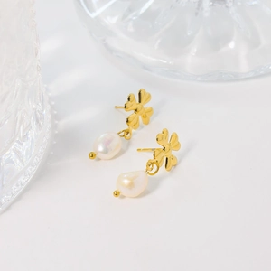 Four Leaf Clover Drop Earrings Titanium Steel With Freshwater Artificial Baroque Pearl Gold Plated Elegant Jewelry For Women