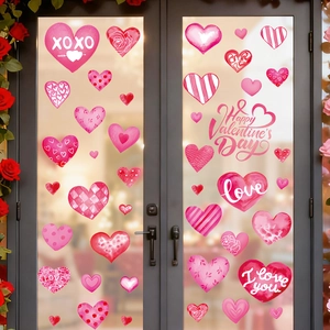 Watercolor heart window clings for Valentine's Day decor on glass doors and windows