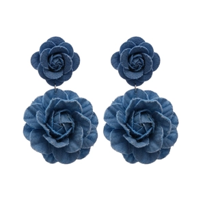 Blue denim fabric rose drop earrings with dual layered floral design on white background