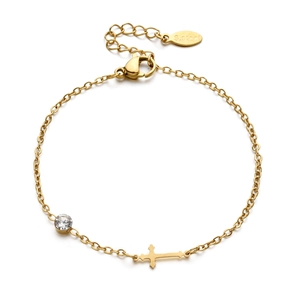 Minimalist gold stainless steel cross and zircon heart charm bracelet for women
