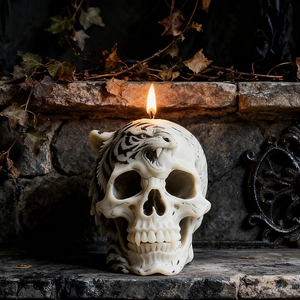 Gothic tiger skull scented candle with detailed textures on an atmospheric stone wall