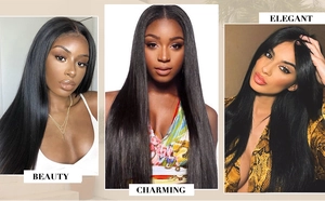 Three models showcase natural black long straight lace front wigs with silky finish