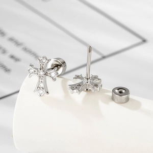 Silver cross screw back stud earrings with micro-pave cubic zirconia gemstones
