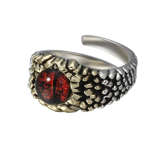 Vintage punk dragon scale ring with red devil eye stone in silver and gold finish
