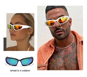 Detail shot of sports fashion sunglasses featuring colored mirrored lenses and ergonomic frames