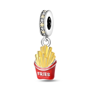 Detail of red enamel french fries charm with sparkling yellow and white zircon inlay