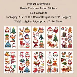 Set of 10 waterproof Christmas tattoo stickers with Santa and deer, size 12x6.8cm