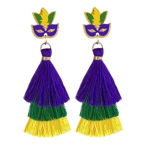 Detail of Mardi Gras earrings featuring purple masks with vibrant tricolor fringe tassels