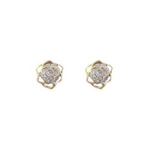 Golden hollow rose stud earrings with cubic zirconia inlay on a clean white background