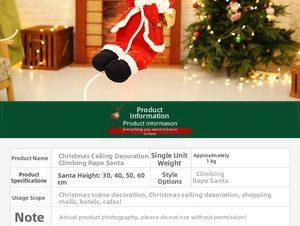 Détail du Père Noël grimpant à une corde avec un sac cadeau doré sur son dos robuste