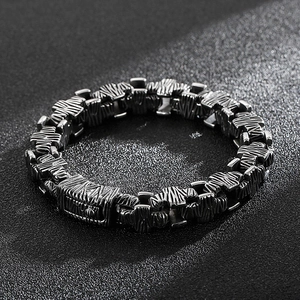 Men's hip hop stainless steel cross link bracelet with vintage silver rock texture
