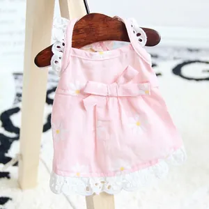 Pink dog lace dress with daisy prints and bow for small medium pets summer wear