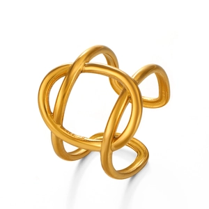 Bague ouverte ovale en acier inoxydable doré au design géométrique creux torsadé