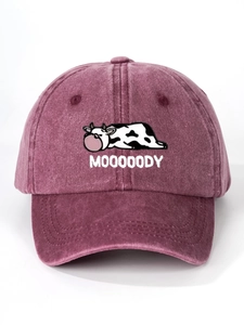Detail of burgundy washed cotton baseball cap with MOOOOOODY cow embroidery