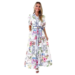 Damen Maxi-Hemdkleid mit Blumenmuster, Kurzarm und Bindegürtel im italienischen Stil
