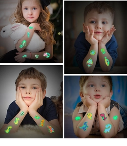 Kids glowing waterproof tattoos with mermaid and dinosaur patterns in dark settings