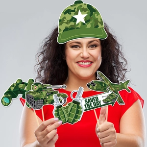 Military camouflage party photo booth props set including tank plane and signs