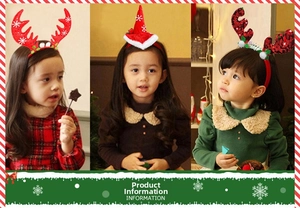 Detailed views of children's Christmas headbands with reindeer antlers and mini Santa hats