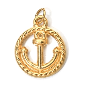 Detail view of a golden anchor pendant with nautical rope texture and polished finish