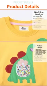 Detail of yellow cotton sweatshirt showing ribbed neckline and dinosaur floral embroidery